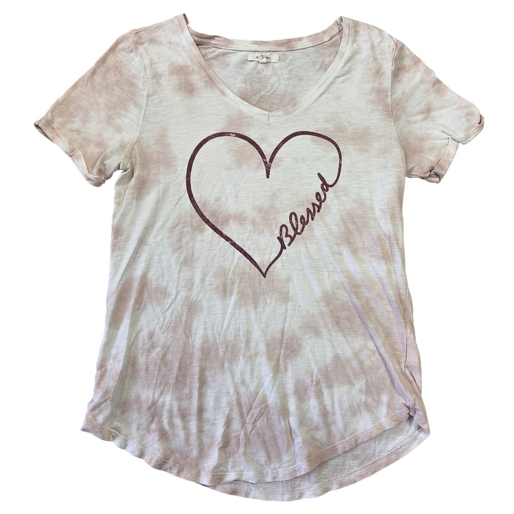 Maurices Womens Small Tan Tie Dye Blessed Heart Graphic V-Neck T-Shirt S Boho